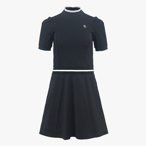 PUFF SLEEVE WITH TULLE COLLAR DRESS(BLACK)