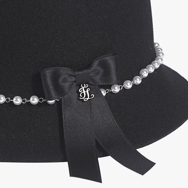 PEARL-EMBELLISHED CROCHET HAT(BLACK)