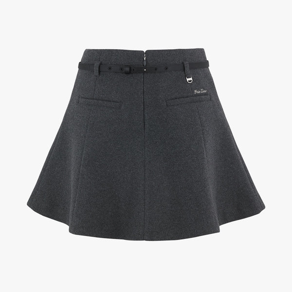 RIBBON BELT FLARE WOOL SKIRT (GREY)