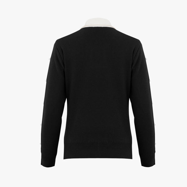 PEARL-EMBELLISHED COLLAR WINDPROOF KNIT(BLACK)