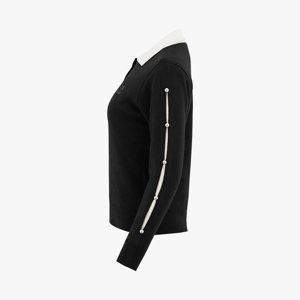 PEARL-EMBELLISHED COLLAR WINDPROOF KNIT(BLACK)