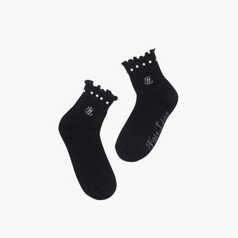 FRILL PEARL ANKLE SOCKS(BLACK)