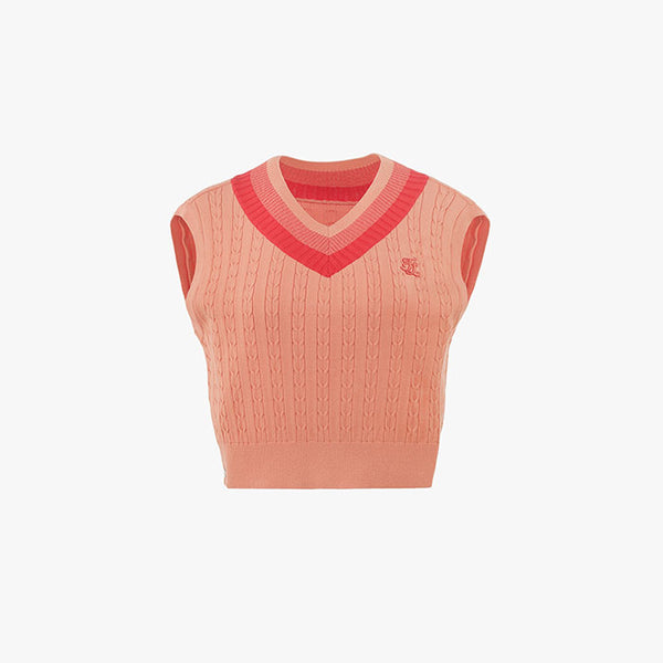 CABLE V-NECK KNIT VEST(PINK CHORAL)