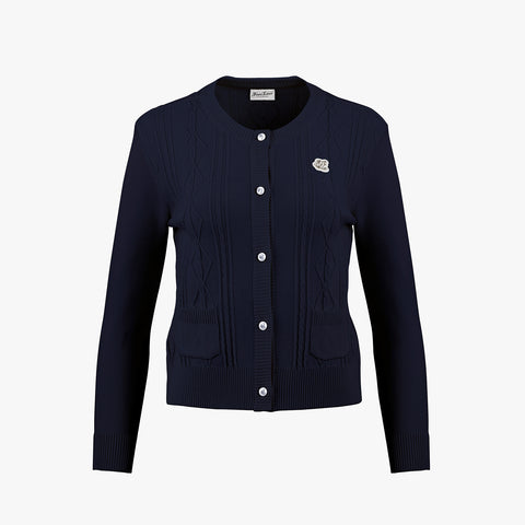 CABLE POCKET ROUND-NECK CARDIGAN(NAVY)