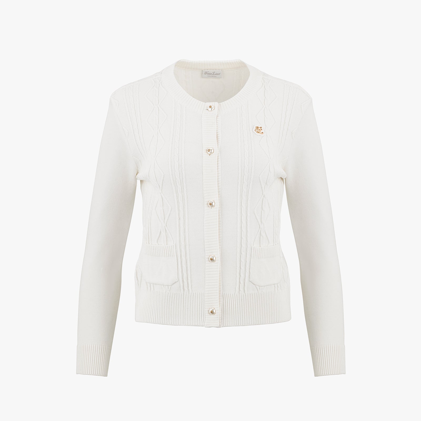 CABLE POCKET ROUND-NECK CARDIGAN(WHITE)