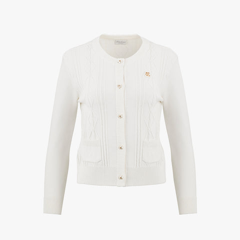 CABLE POCKET ROUND-NECK CARDIGAN(WHITE)