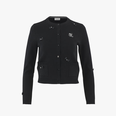 MINI RIBBON POCKET ROUND-NECK CARDIGAN(BLACK)