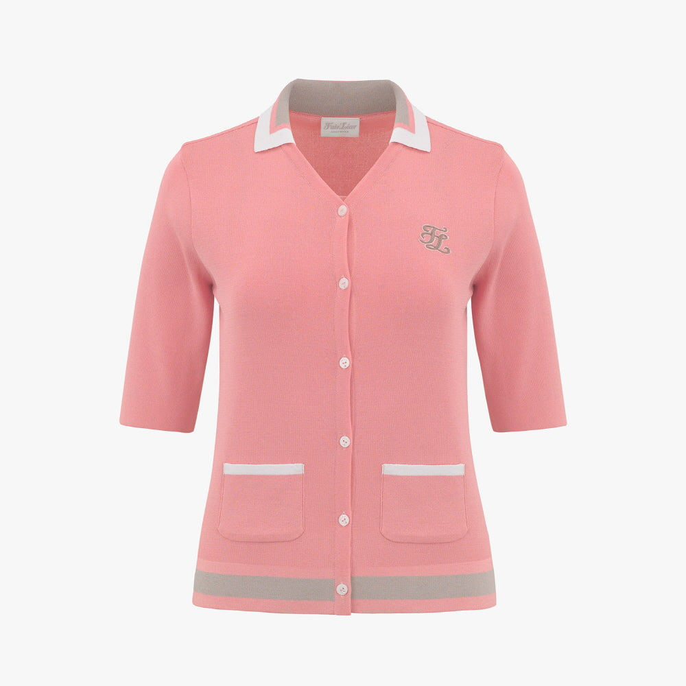 KNIT SLIP SET COLLOAR CARDIGAN(PINK CHORAL)