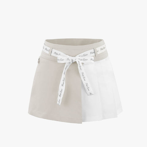 UNBALANCED PLEATS SKIRT WITH BELT(BEIGE)