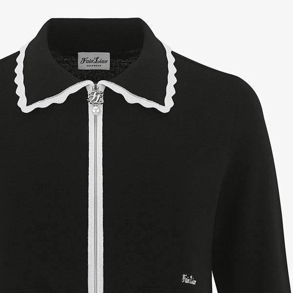 FRILL COLLAR ZIP-UP CARDIGAN(BLACK)