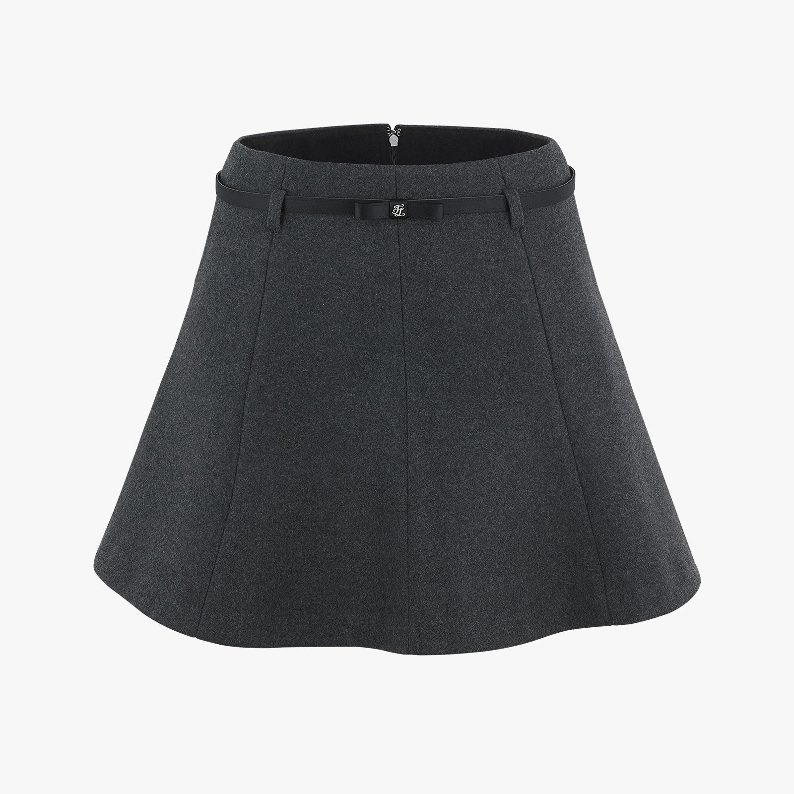 RIBBON BELT FLARE WOOL SKIRT (GREY)