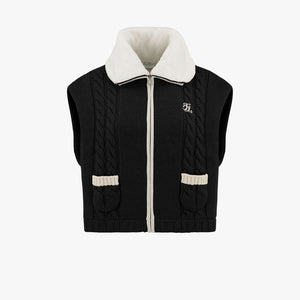 FUR COLLAR WINDPROOF KNIT VEST (BLACK)