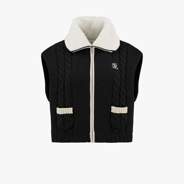 FUR COLLAR WINDPROOF KNIT VEST (BLACK)