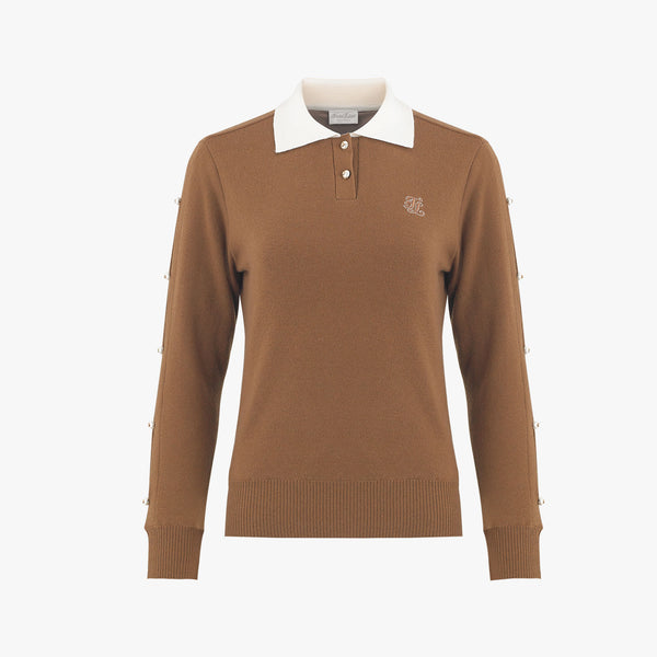 PEARL-EMBELLISHED COLLAR WINDPROOF KNIT(BEIGE)